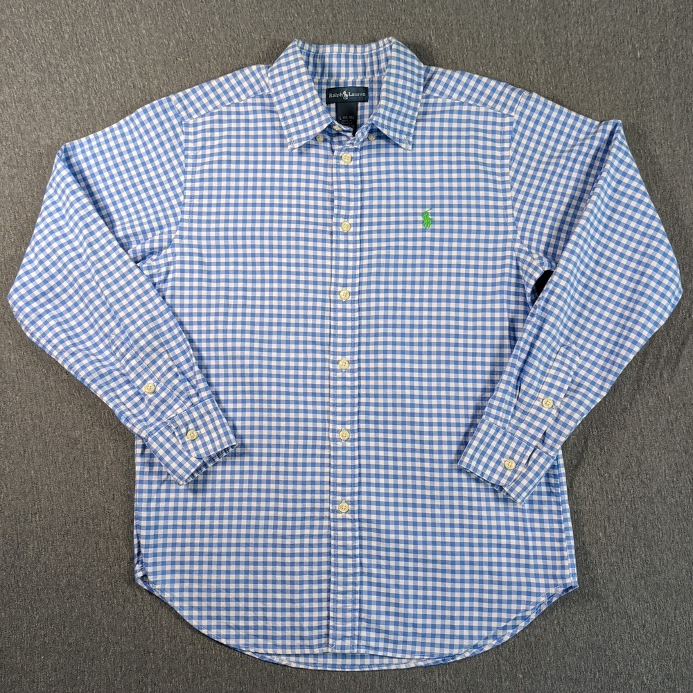 Ralph Lauren Shirt Boys Large 14-16 Blue Check Button Up Long Sleeve‎ Green Pony